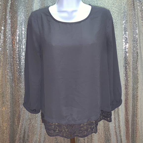 LOFT Tops - Ann Taylor Loft XS gray blouse lace long sleeves